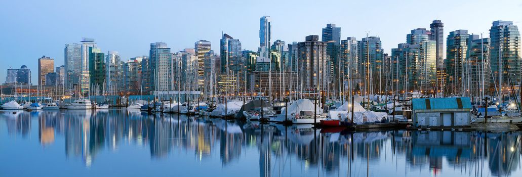 Vancouver BC Canada Skyline and Marina along False Creek at Blue Hour Panorama