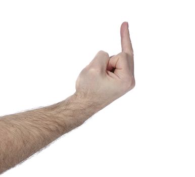 Person flipping the bird isolated on white