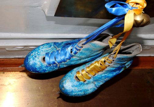 Beautiful ancient skates painted under winter subjects