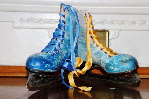 Beautiful ancient skates painted under winter subjects