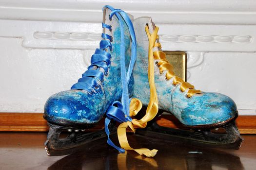 Beautiful ancient skates painted under winter subjects