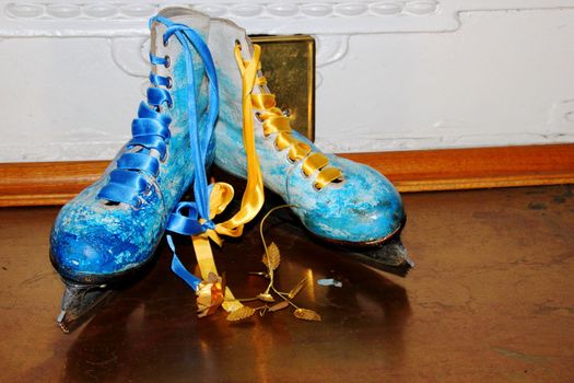 Beautiful ancient skates painted under winter subjects