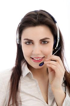 Smiling call center agent with headphone in a close up portrait