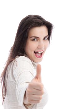 Close up portrait of happy woman showing a thumbs up symbol
