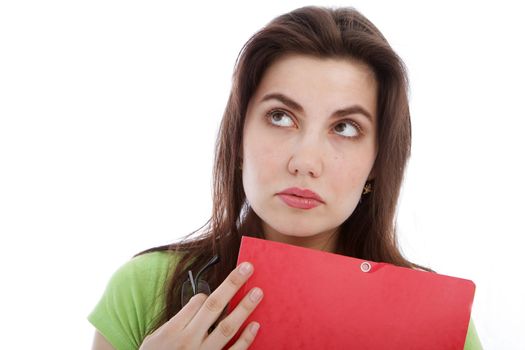 Woman with red folder and glasses in looking up thinking gesture