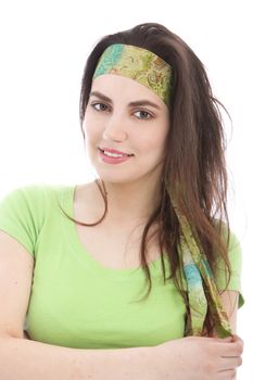 Beautiful woman wearing green shirt and headband