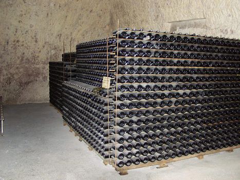 Bottled wine in the cellar, in the aging process