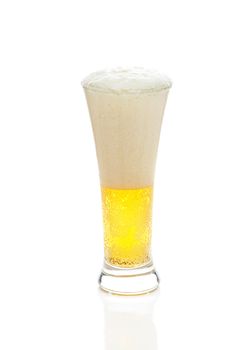 light beer with the foam in a tall glass isolated on white