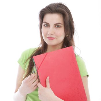 Pretty smiling woman holding a red folder and glasses in a close up portrait