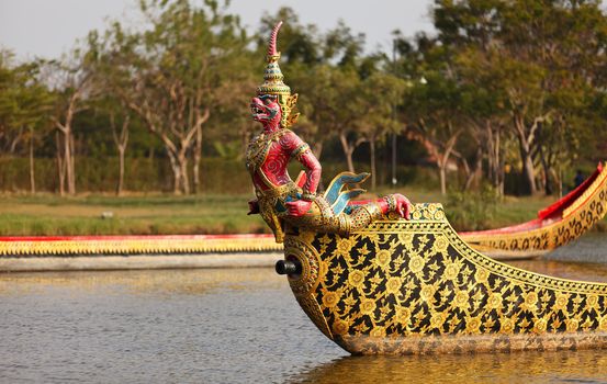 Red Garuda warship floats on the river near Bangkok, Thailand.