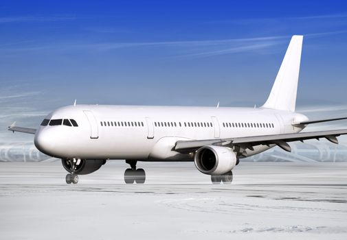 airport and white plane at winter weather