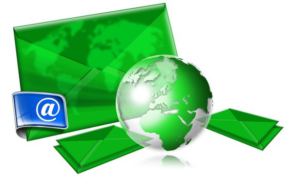 E-mail marketing concept on white background with green globe