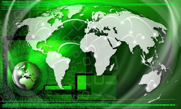 Green background with globe, global business connection and binary code