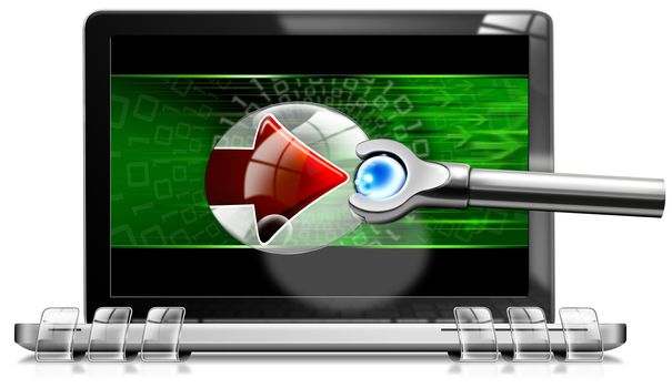 A computer laptop isolated a white background with a magnifying glass searching virus