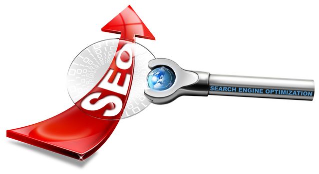 Written SEO with red arrow and magnifying glass, and written: search engine optimization