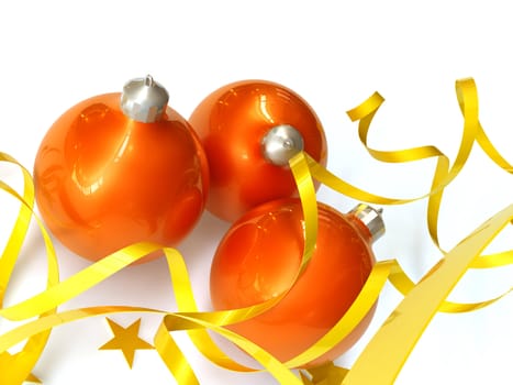 red christmas toys in an environment of stars and a tinsel on a white background