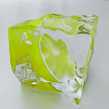 green lemon in the piece of transparent ice on a light background