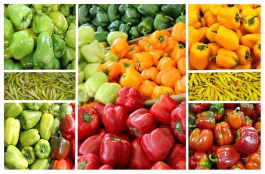 Collage of colored peppers of different varieties