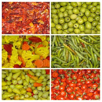 Agricultural background, colorful marinated vegetables