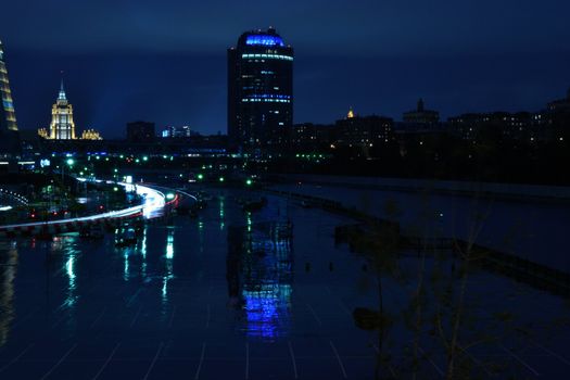 Night view of the Moscow (Moscva) river  and city lights reflected in the water