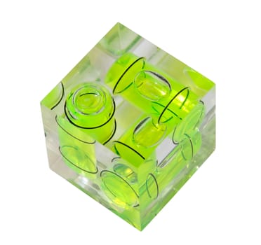 Three green spirit levels in plastic cube setting angle in any direction