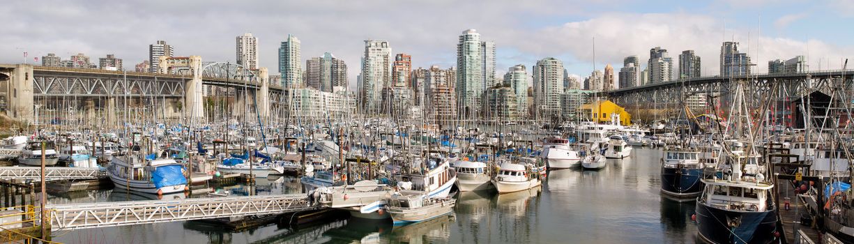 Vancouver BC Canada City Skyline with Burrard and Granville Bridges from Granville Island Panorama