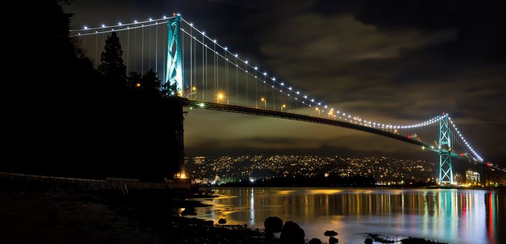 Lions Gate Bridge over Burrard Inlet in Vancouver BC Canada at Night Panorama