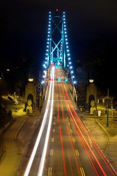 Light Trails on Lions Gate Bridge in Vancouver BC Canada at Night