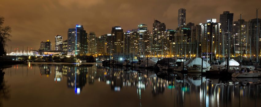 Vancouver BC Canada Skyline and Marina along False Creek at Night Panorama