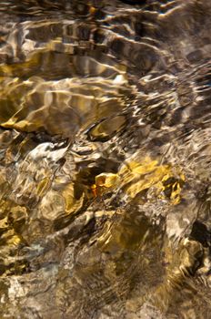 Close up of clean and clear water from a stream with ripples and sun reflections