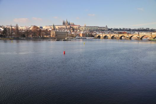This is famous panorama from Prague - Hradcany and Prague Castle in winter, under snow.