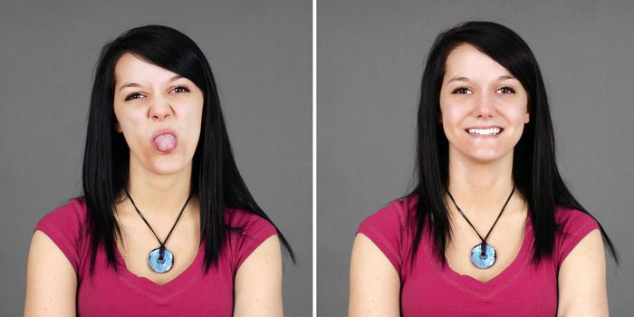 Choice of portrait of a young woman pulling tongue or happy.