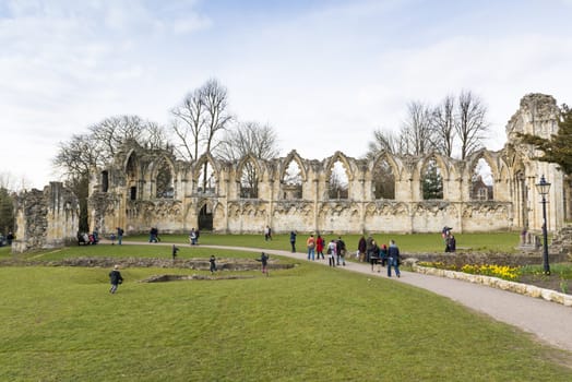 YORK, UK - MARCH 30: Ruins of Saint Mary's Abbey. Its construction started in 1086, and it was taken apart during the dissolution of the monasteries in 1539. March 30, 2013 in York.