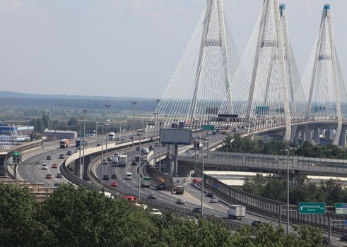 modern cable-stayed bridge over the River Neva in St. Petersburg, a top view