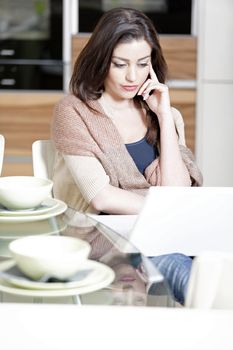 Attractive young woman using her laptop in the kitchen