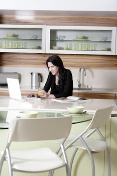 Attractive young woman using her laptop in the kitchen