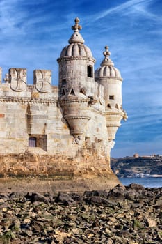 part of Belem Tower in evening. Lisbon, Portugal. 