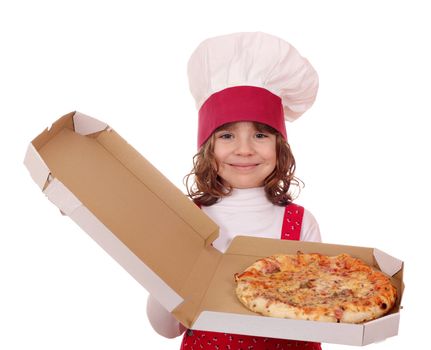 little girl cook hold box with pizza