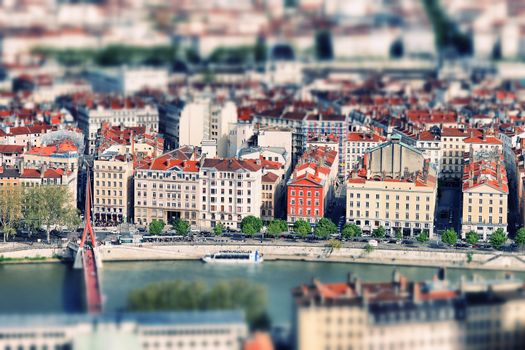 aerial view of Lyon with tilt shift photographic prossessing