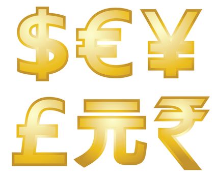 all major currency symbols in gold. Dollars, Euro, Pounds, yen, yuan, and rupee.