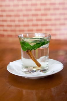 cup of mint tea with lemon and cinnamon