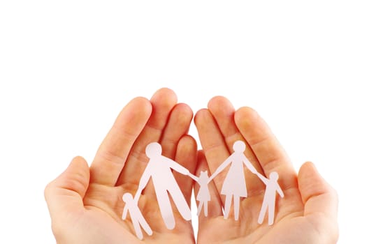 Paper family in hands isolated on white background