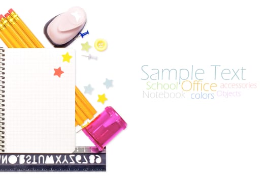 Photo of office and student gear over white background - Back to school concept