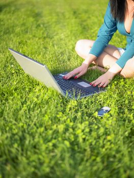 Young woman using laptop in park