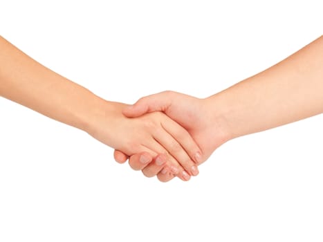 Shaking hands of two people, man and woman, isolated on white.