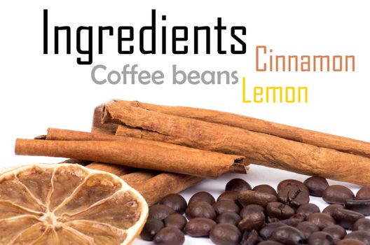 cinnamon, lemon and coffee beans isolated on white