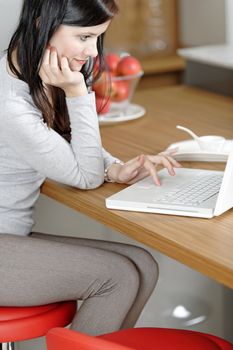 Attractive young woman in her elegant kitchen taking a break with her laptop