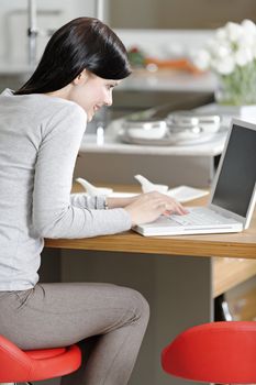 Attractive young woman in her elegant kitchen taking a break with her laptop