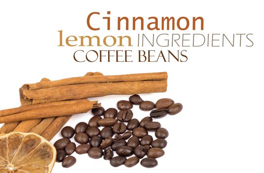 coffee beans, cinnamon and lemon isolated on white