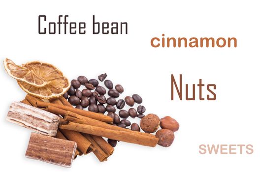 coffee beans, cinnamon and lemon isolated on white